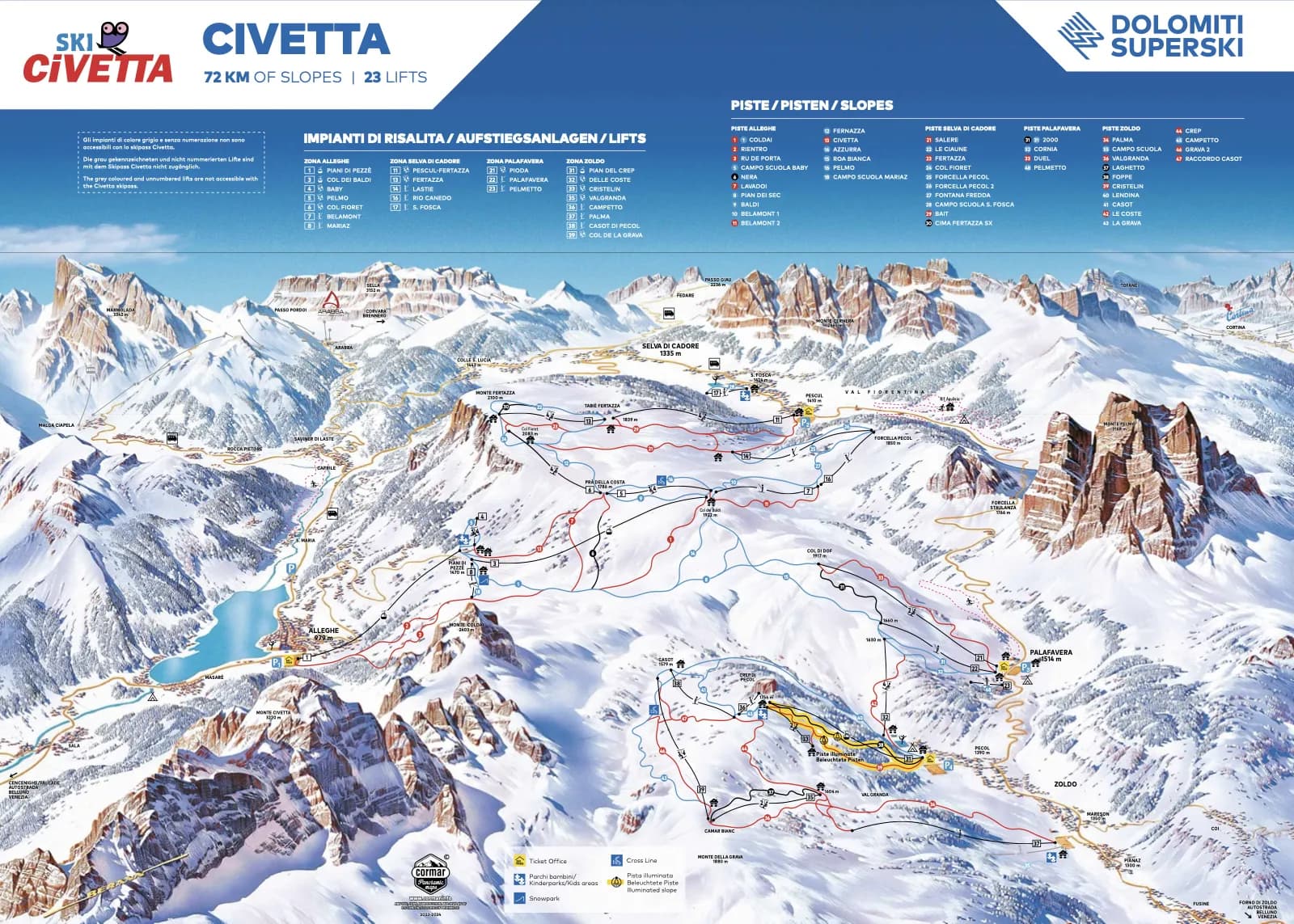 Mapa tras regionu narciarskiego Ski Civetta z Alleghe, Palafaverą i doliną Zoldo
