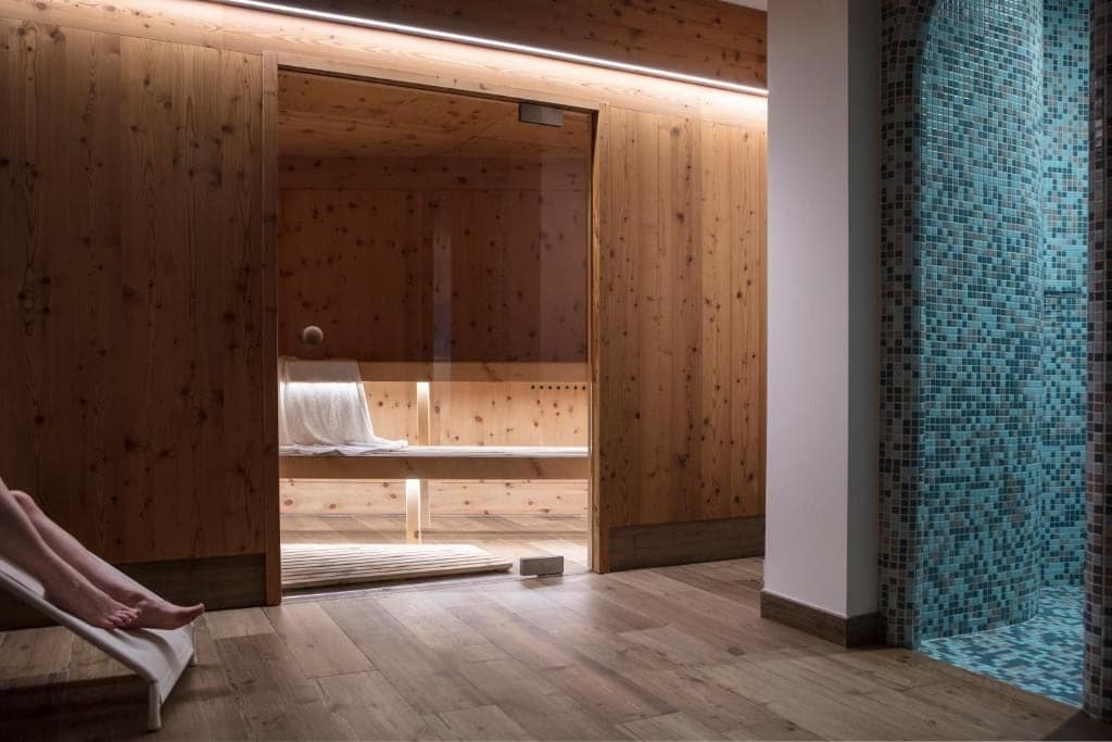 Strefa wellness hotelu Los Andes z sauną wyłożoną jasnym drewnem i przeszkloną ścianą