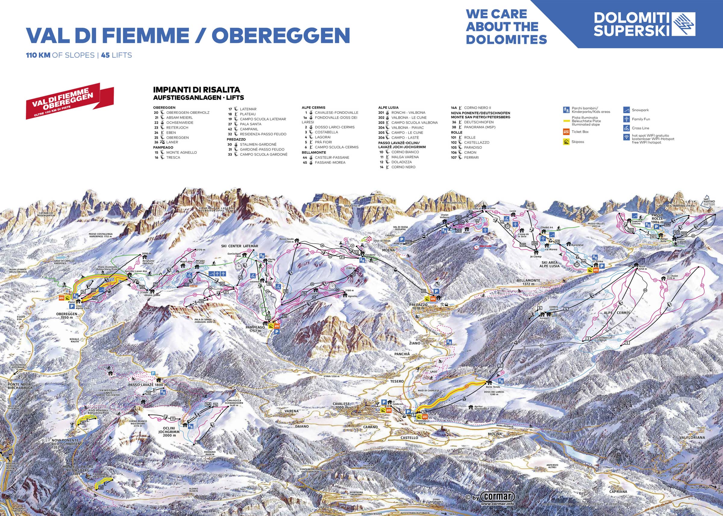 Panoramiczna mapa tras Val di Fiemme i Obereggen z ośrodkami Alpe Cermis, Ski Center Latemar, Alpe Lusia, Passo Rolle i Passo Lavazè