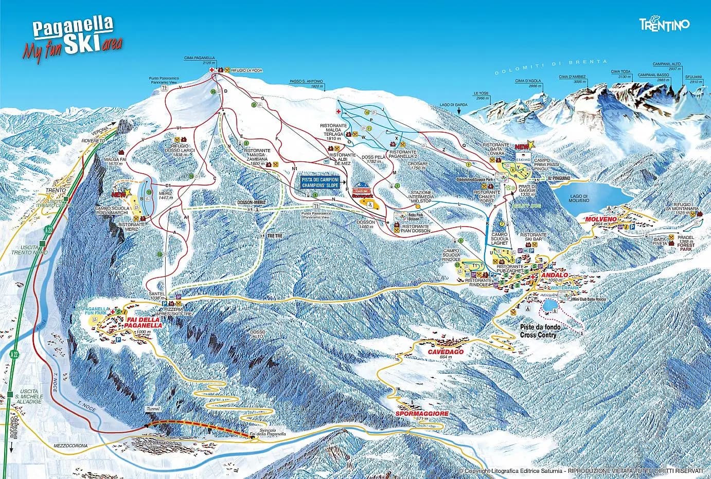 Mapa tras regionu Paganella Ski z Andalo, Fai della Paganella i Molveno
