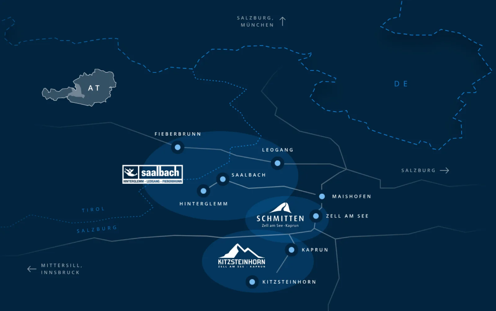 Mapa regionu Alpin Card z ośrodkami Saalbach Hinterglemm Leogang Fieberbrunn, Schmittenhöhe w Zell am See, Maiskogel w Kaprun i lodowcem Kitzsteinhorn
